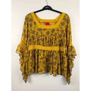 V Cristina Mustard Yellow Floral Ruffle Bell Sleeve Boho Babydoll Blouse Large